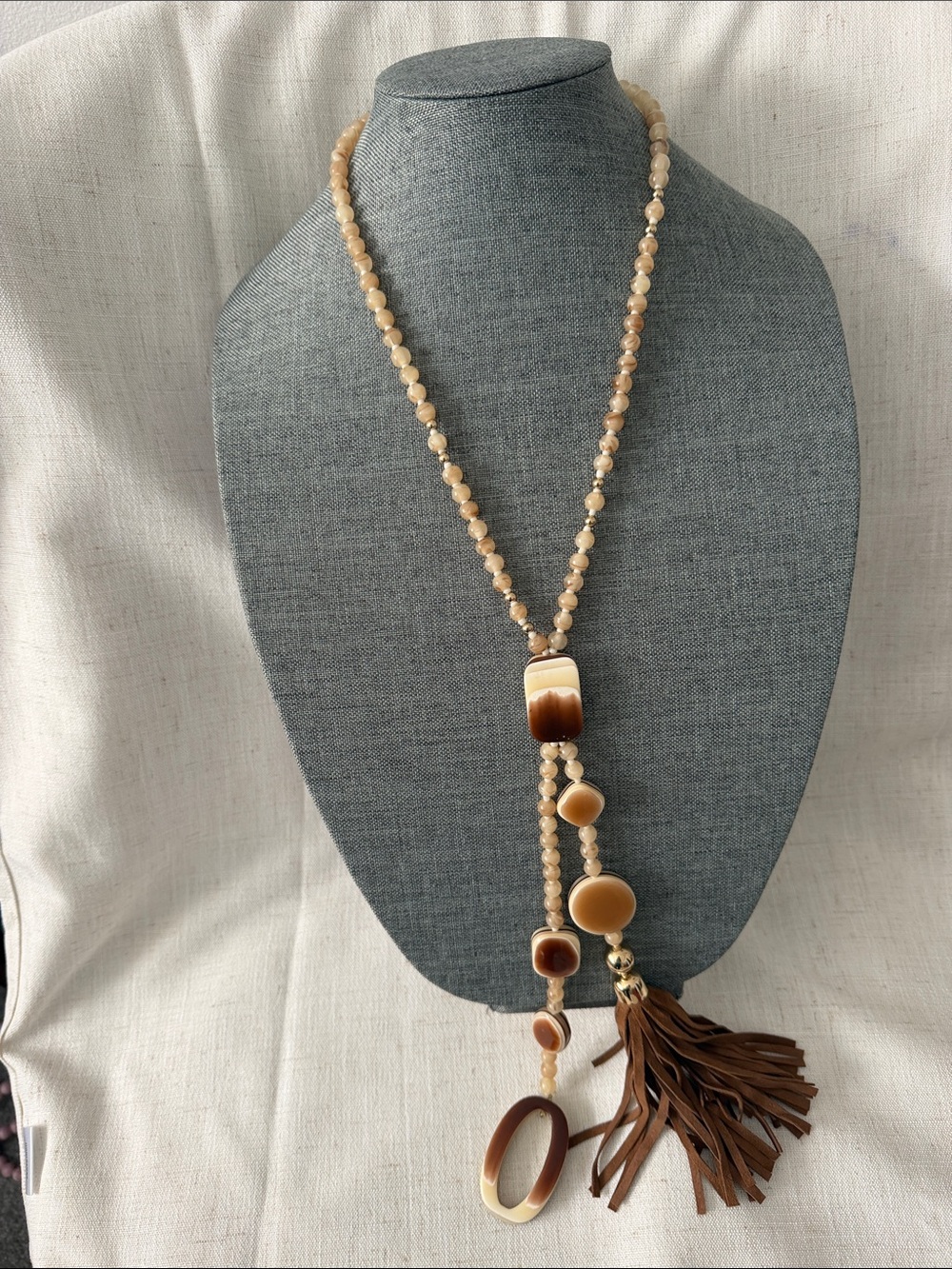 Chico's Beige and Brown Beaded Tassel Necklace